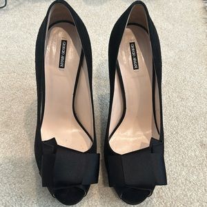 Giorgio Armani black suede peep toe heels